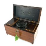 A REGENCY ROSEWOOD AND MAHOGANY RECTANGULAR TEA CADDY With brass handle, opening to reveal two