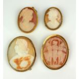 A COLLECTION OF FOUR VICTORIAN AND LATER 9CT GOLD AND SHELL OVAL CAMEO BROOCHES Carved with The