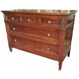 A FRENCH DIRECTOIRE DESIGN CHERRYWOOD CHEST OF THREE SHORT ABOVE TWO LONG DRAWERS Applied with brass