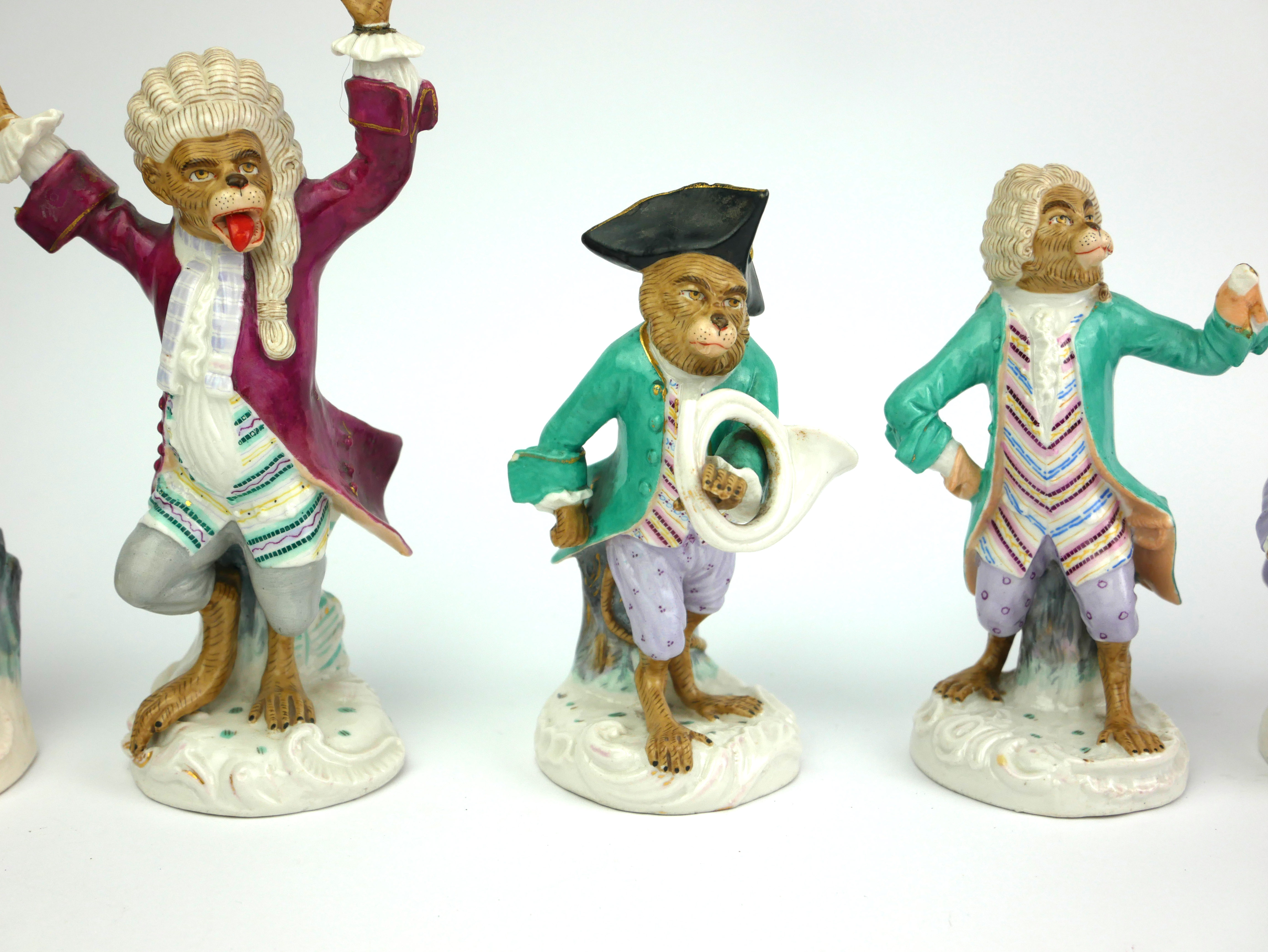 A SET OF NINE 19TH CENTURY GERMAN PORCELAIN MONKEY BAND FIGURES A conductor with various musicians - Image 6 of 15