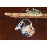 RON BONE, 1950 - 2011, OIL ON BOARD Titled 'Old Mason', still life, a pottery jug hanging from a