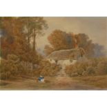 W. HALL, A VICTORIAN WATERCOLOUR Landscape, a thatched country cottage with seated figures, signed