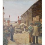 A VICTORIAN OIL ON PANEL, LANDSCAPE Street market scene with green grocers and figures wearing