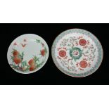 TWO CHINESE PORCELAIN PLATES Hand painted with peaches and bats, bearing Chinese character marks