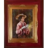 FRANCO RISPOLI, ITALIAN, 1921 - 1989, OIL ON CANVAS Portrait of a lady in straw hat, signed,