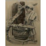 PAT BONNIN, HAITI, A 20TH CENTURY CHARCOAL PORTRAIT Female figure washing clothes, signed lower