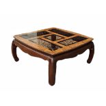 A 20TH CENTURY CHINESE DESIGN ELM TEA/COFFEE TABLE With sectional glass inserts. (90cm x 90cm x