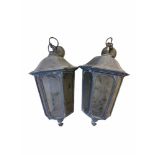 A PAIR OF VICTORIAN DESIGN SPELTER HANGING LANTERNS Ebonised finish with six perspex panels. (approx