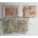 VALERIE THORNTON, 1931 - 1991, CHALK AND WASH SKETCH Titled 'Etruscan Figures with Chariots and