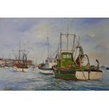 BERNARD WOOLLARD, 20TH CENTURY OIL ON BOARD Fishing boats in a harbour, signed and framed. (79cm x