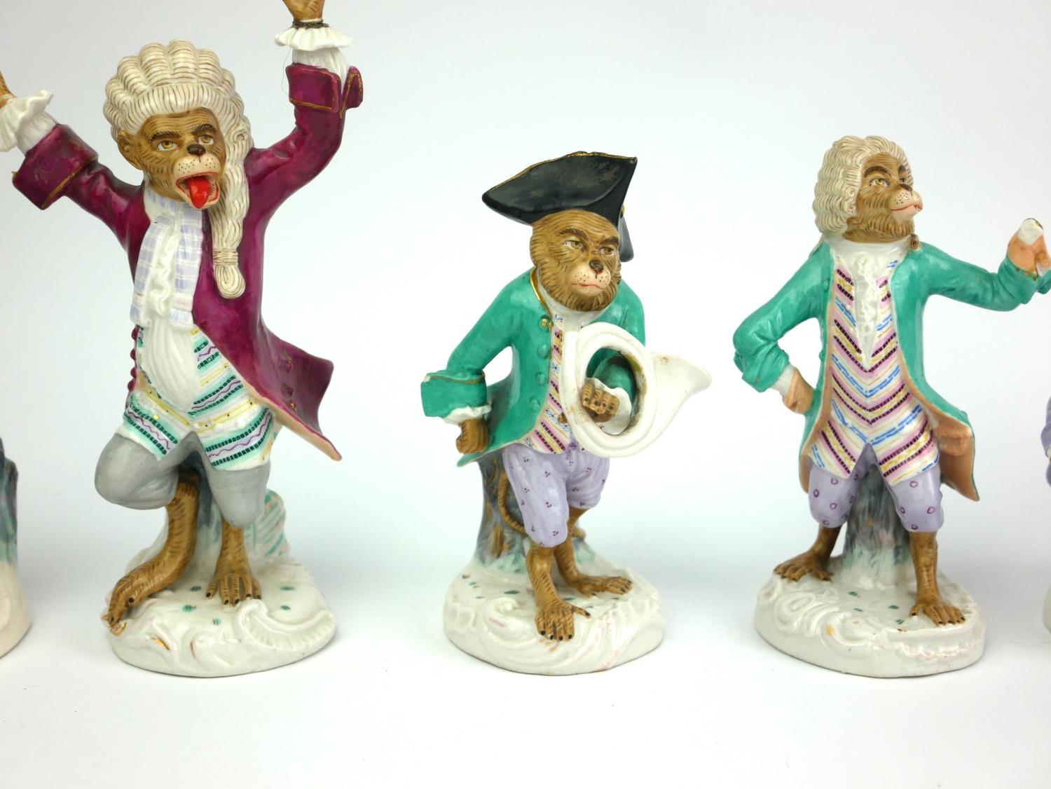 A SET OF NINE 19TH CENTURY GERMAN PORCELAIN MONKEY BAND FIGURES A conductor with various musicians - Image 7 of 15