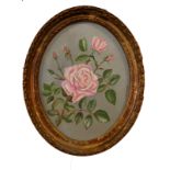 E. MITCHISON, 20TH CENTURY OVAL OIL ON BOARD Still life, roses, gilt framed. (34cm x 41cm)