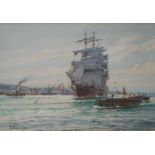 WILFRED KNOX, 1884 - 1966, PSEUDONYM A.D. BELL, WATERCOLOUR Clipper entering a harbour, dated