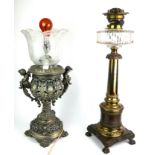 A VICTORIAN POLISHED BRONZE AND CUT GLASS OIL LAMP Having an etched glass shade, cut glass well