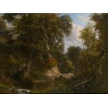 A LARGE 19TH CENTURY OIL ON CANVAS, FOREST LANDSCAPE WITH STREAM Signed with monogram 'iic', gilt