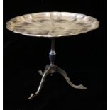 AN EARLY 20TH CENTURY SILVER NOVELTY TRIPOD TABLE Having a scalloped edge with tripod legs,