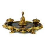 A LATE 19TH CENTURY FRENCH THREE SECTION DESK INKWELL Chinoiserie lacquered and decorated with