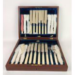 A LATE VICTORIAN MAHOGANY CASED CANTEEN OF SILVER PLATED DESSERT CUTLERY, SET FOR TWELVE