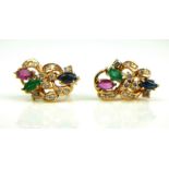 A PAIR OF 18CT GOLD DIAMOND AND GEM SET EARRINGS Set with marquise cut emeralds, sapphires and