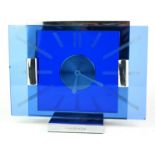 GARRARDS, LECOULTRE, AN ART DECO BLUE GLASS AND CHROME RECTANGULAR MANTLE CLOCK With etched glass