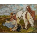A 20TH CENTURY EQUESTRIAN WATERCOLOUR, RURAL LANDSCAPE Scene of figures in period clothing with