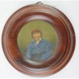 A LATE 19TH/EARLY 20TH CENTURY OIL ON ARTIST BOARD Portrait, circular form image of a lady wearing