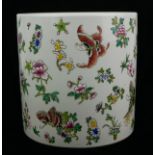 A LARGE CHINESE PORCELAIN CYLINDRICAL BRUSH POT Decorated with flowers and insects, bearing blue six