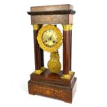 A 19TH CENTURY FRENCH WALNUT AND MARQUETRY INLAID PORTICO CLOCK With surround brass circular dial