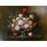 A 20TH CENTURY CONTINENTAL SCHOOL OIL ON CANVAS, STILL LIFE, FLOWERS Gilt framed. (116cm x 92cm)