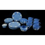 WEDGWOOD, A BLUE JASPER WARE PART TEA SET Comprising six cups and saucers, six side plates, cream