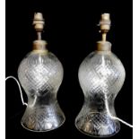 A PAIR OF LATE 19TH/EARLY 20TH CENTURY CUT LEAD CRYSTAL BELL FORM TABLE LAMPS With hobnail cuts