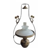 AN ART NOUVEAU BRASS AND GLASS HANGING OIL LAMP The cast iron frame set with organic form mounts and