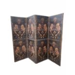 A 19TH CENTURY LEATHER FOUR FOLD SCREEN Painted with eight floral cartouches. (280cm x 213cm)