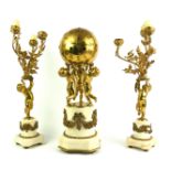 A 19TH CENTURY FRENCH ORMOLU AND MARBLE FIGURAL GLOBE CLOCK GARNITURE SET The spherical globe case