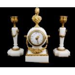 A 19TH CENTURY FRENCH WHITE MARBLE AND ORMOLU MINIATURE CLOCK GARNITURE SET Having a classical