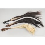 THREE 20TH CENTURY TAXIDERMY AFRICAN FLY WHISKS, INCLUDING AN ELEPHANT TAIL.