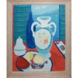 OIL ON CANVAS, STILL LIFE, BLUE VASE WITH LEMONS Indistinctly signed lower right, together with