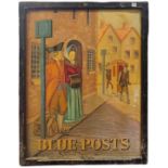 A VINTAGE DOUBLE SIDED PAINTED PUB SIGN, 'BLUE POSTS'. (93cm x 116cm) Condition: weathered