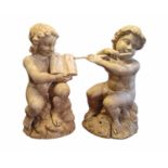 A PAIR OF 18TH/19TH CENTURY CONTINENTAL CARVED WOODEN AND POLYCHROMED STATUES OF PUTTI, FLUTIST
