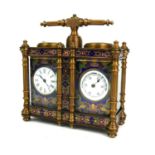 A 20TH CENTURY BRASS AND CLOISONNÉ DOUBLE CASED CARRIAGE CLOCK/BAROMETER. (13cm x 14cm) Condition:
