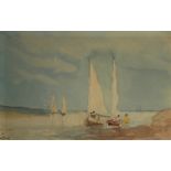 WILLIAM GEORGE TUCK, A MID 20TH CENTURY WATERCOLOUR Landscape, coastal view, sailing boats with