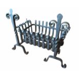 A PAIR OF WROUGHT IRON FIRE DOGS/ANDIRONS AND BASKET Having scrolled fleur-de-lis andirons with