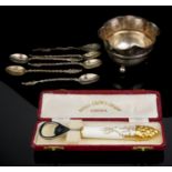 A COLLECTION OF VICTORIAN AND LATER SILVER TRINKETS To include a set of five spoons, hallmarked