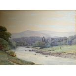 ALFRED DE BREANSKI JNR, 1877 - 1945, WATERCOLOUR Landscape, river view with Tintern Abbey, signed