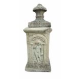 A COLLECTION OF FOUR RECONSTITUTED STONE PLINTH/BASES One figured with putti. (31cm x 31cm x 53cm)