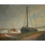 SHEILA FAIRMAN, BRITISH, 1924 - 2013, OIL ON CANVAS Riverside landscape with boats, signed, gilt