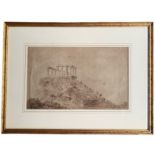 A 19TH CENTURY BRITISH SCHOOL WATERCOLOUR AND WASH, THE TEMPLE OF POSEIDON AT CAPE SOUNION Illegible