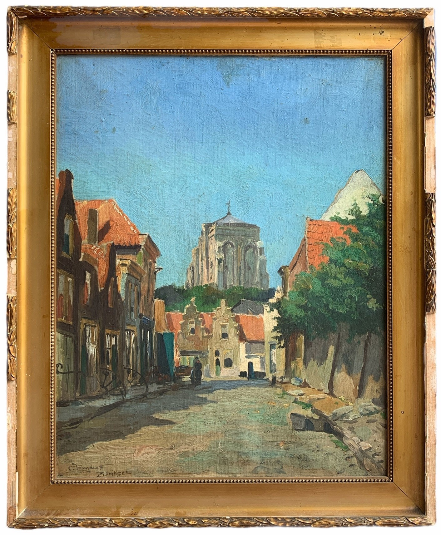 AN EARLY 20TH CENTURY DUTCH SCHOOL OIL ON CANVAS Street scene with church, bearing indistinctly