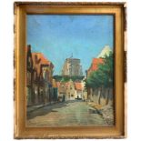 AN EARLY 20TH CENTURY DUTCH SCHOOL OIL ON CANVAS Street scene with church, bearing indistinctly