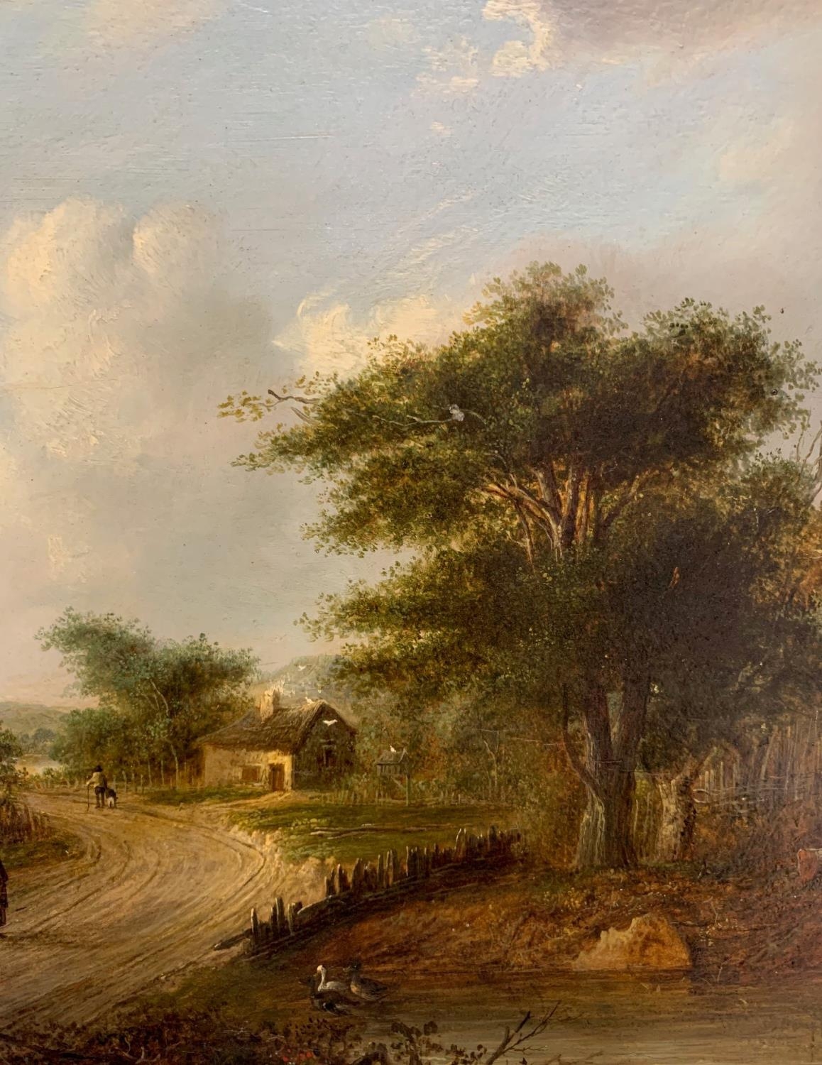 FOLLOWER OF MEINDERT HOBBEMA, 1638 - 1709, OIL ON PANEL Travellers passing a duck pond, gilt framed. - Bild 4 aus 8